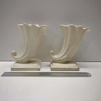 Pair Vintage Ceramic Cornucopia Mantle Vases White Pink Pedestal Base