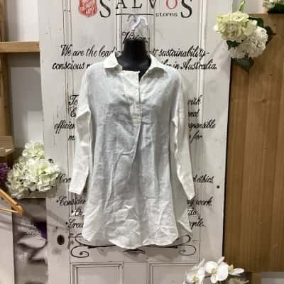 FRIKE DESIGN BRAND! THE PERFECT EVERYDAY 100% LINEN SHIRT! Womens  Size L 3/4 Sleeve Shirt / 3/4 Sleeve Top Off White / White 
