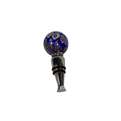 Murano Art Glass Bottle Stopper - Blue & Red Millefiori Mosaic Design