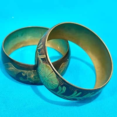 Boho Brass Metal Etched Floral Bangles x 2