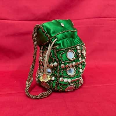 Traditional Indian Green Silk & Satin Potli Bag