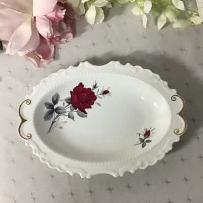 Vintage Royal Albert "Sweet Romance" Red Rose Bone China Rococo Oval Dish