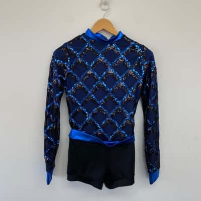 Weissman Blue Black Embellished Long Sleeve Dancewear Performance Costume Playsuit  Size M