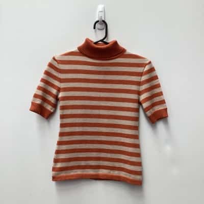  Womens  Size S Roll Neck Jumper Off White / Orange / Striped -extra fine merino wool -woolmark