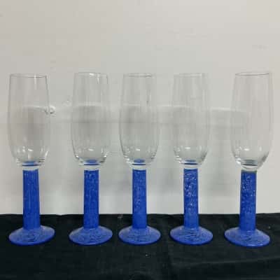 5 x Kosta Boda Champagne Flute Glasses with Blue Stems 