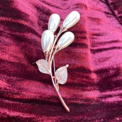 Rose Gold Plated Brooch with Crystal and Pearlish Adornments 