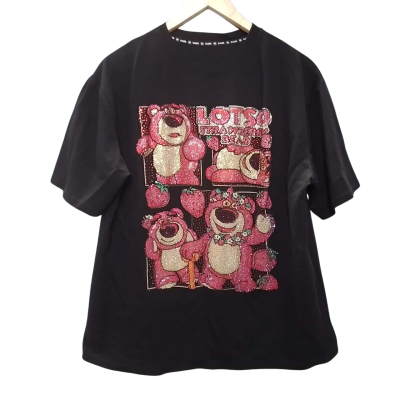 DJ&DK Women's Size L~XL Black T-Shirt with Bedazzled Lotso Bear Print