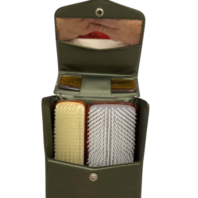 Vintage Regency Comb and Brush set in green case 