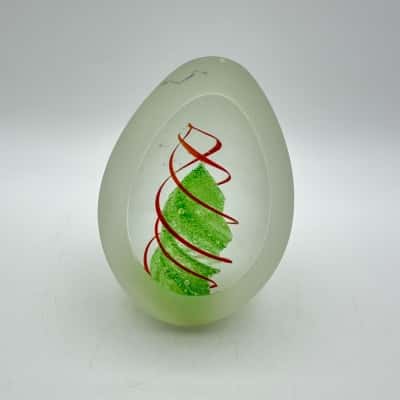 Green & Red Swirl Frosted Art Glass Paperweight