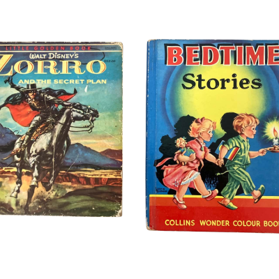 Two beautiful vintage children’s books, Zorro and the secret plan, and bedtime stories.