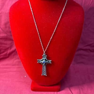  Women's 925 Silver Chain with a Silver Celtic Cross with Blue Stone Necklace 