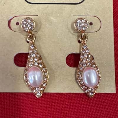  Women's Ballin Tear Drop Gold Tone Earrings featuring Paved Rhinestones with Faux Pearl Center