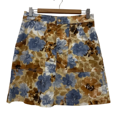 Girl & The Sun Women's Size S Linen Blend A-Line Skirt With 4 Pockets Blue / Brown / Floral 