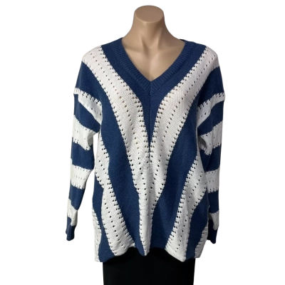 Womens Size XL Blue / White Striped Open Knit Pattern V-Neck Jumper