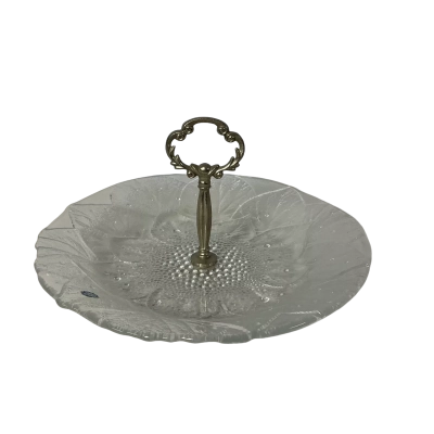 Hoya Leaf & Floral Pattern Round Glass Serving Platter with Handle
