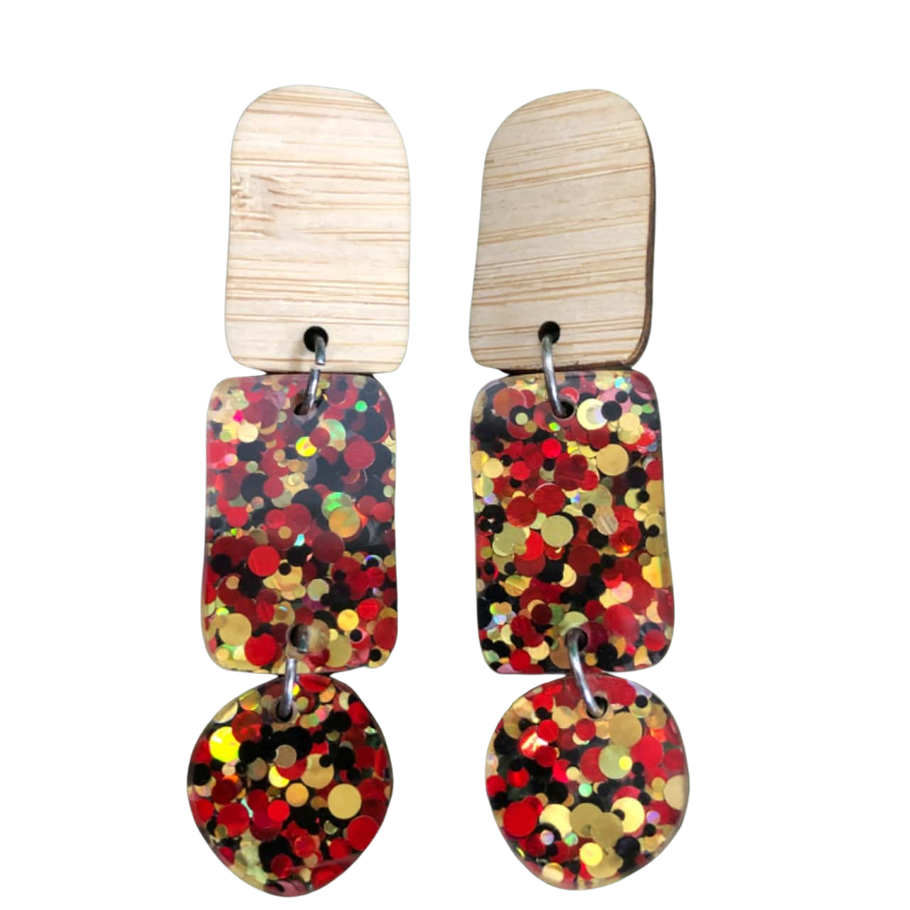 Wooden Earrings With Red & Gold Confetti Perspex Dangles (s)