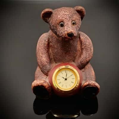 Bronze Look Resin Miniature Teddy Bear Clock (needs new battery) 8cm Tall  (office)