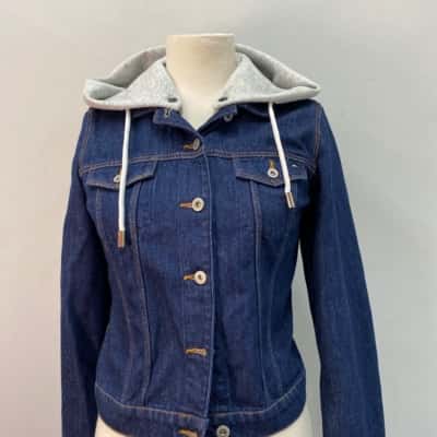 Tommy Hilfiger Womens  Size XXS Denim Jacket with Large logo on hood Blue / Grey 