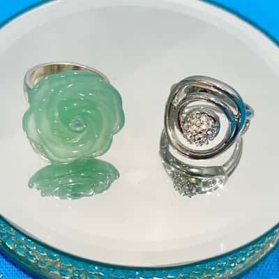 Silver Green Flower Ring & Siver Spiral Gemstone Ring
