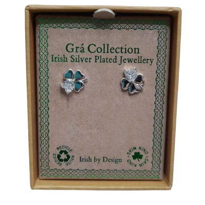 New In Box Grá Collection Silver Plated Zirconia Shamrock Earrings