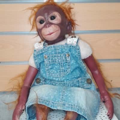 Handmade orangutan doll in blue overalls