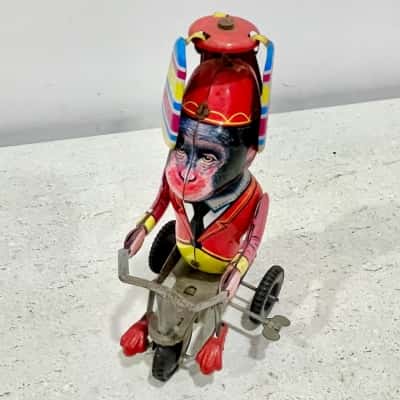 Vintage Collectable Wind Up Tin Monkey Riding a Tricycle with Spinner on His Head-this toy is just Fabulous 
