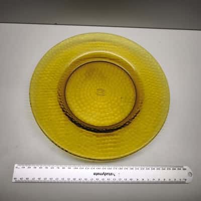 Vintage Amber Yellow Hammered Textured Glass Salad Plate Dish Maker Stamped