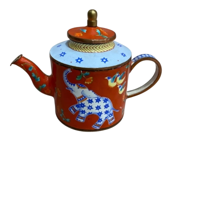 Charlotte di Vita hand-painted miniature miniature enamel teapot Orange with Blue Elephant 