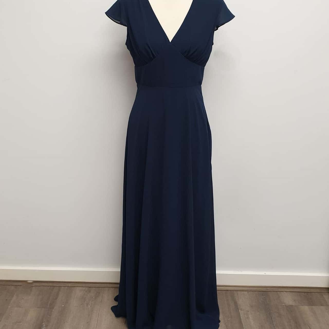 Boohoo Navy Blue Flowy Flounce Cap Sleeve Chiffon Gown Maxi Dress Size 12  With Open Back Detail - Brand New With Tags - RRP $$139.00 (s)