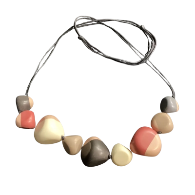 Womens Silicone Beaded Necklace in Earthy Tones Cream / Grey / Red 