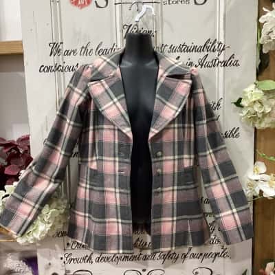 CUSTOM MADE BY BESS MAY! STUNNING CUSTOM MADE PEACOAT! PINK & GREY PLAID PATTERN! Womens  Size 10 / 12 Blazer / Winter Coat Checked / Grey / Pattern / Pink  