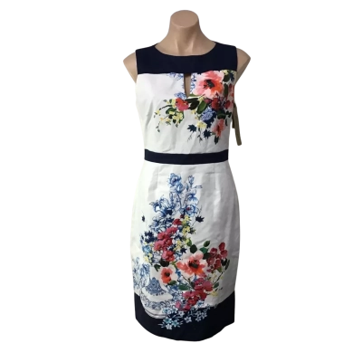Phase Eight Womens Size 12 Ivory / Navy Blue / Multicoloured Floral Sleeve Dress (new)
