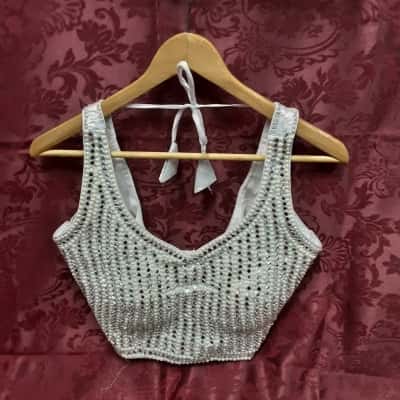  Womens  Size L Cropped Top White Beaded and mirrored top 