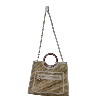 Juice Leather & Woven Tote Bag Beige Made In Italy With Pearl Shoulder Strap