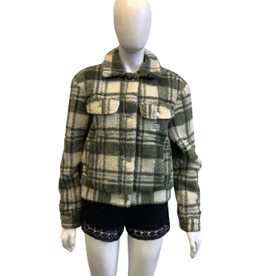 Riders by Lee Women's Size 6 Teddy Bear Fleece Jacket Green & Off White Check 