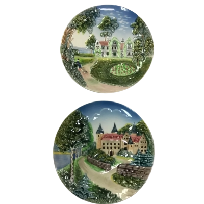 Two Vintage West German Majolica Raised-relief Hand-painted Plates
