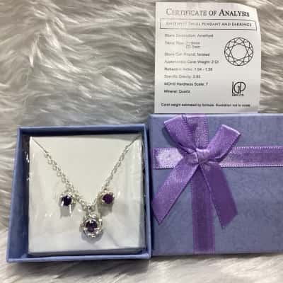  Women's  Silver Plated Amethyst Earrings & Necklace Set