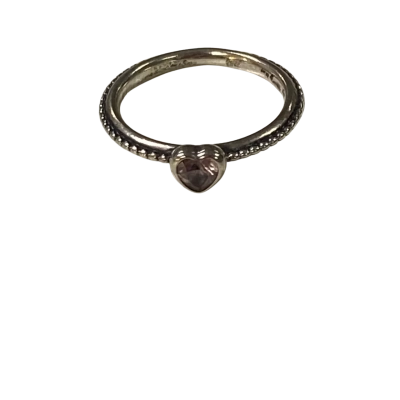 925 SS Beaded+Plain Band Ring w/ WHITE Heart Set Stone 2g