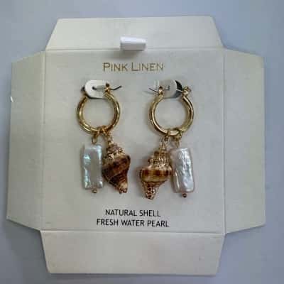 Pink Linen Natural Shell, Freshwater Pearl Gold Plated Hoops