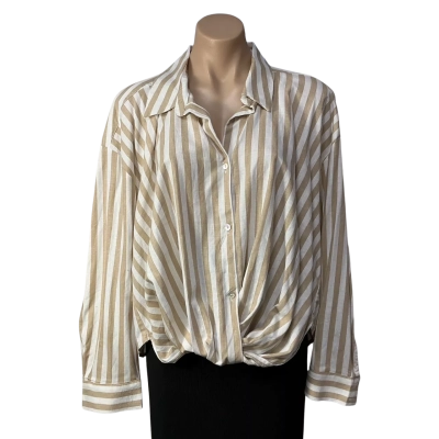 Sussan Womens Size 14 White/ Beige Striped Linen Blend Long Sleeve Shirt 
