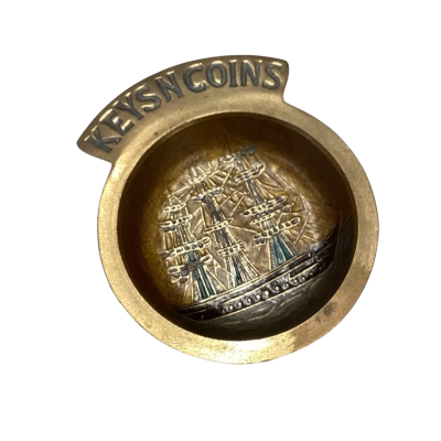 Vintage Brass Keys n Coins Dish - Enamel Ship Design
