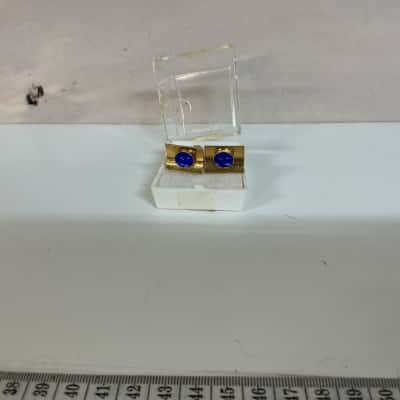 Mens Gold Tone With Cobalt Blue Glass Stone Cufflinks 