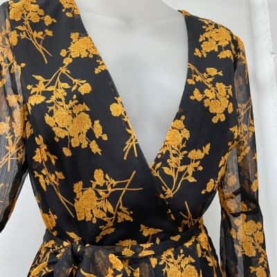 Saints + Secrets Chiffon Floral Ruffle Mini Dress in Dark Brown / Black and Burnt Orange 