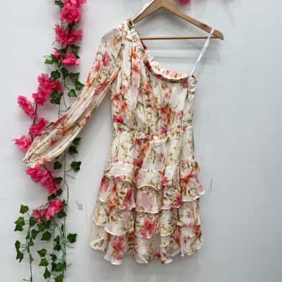 Forever New Womens Priya Ruffle One Shoulder Mini Dress Size 8 Cream / Floral 