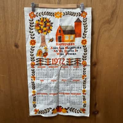 Vintage 1972 Calender Linen Tea Towel 