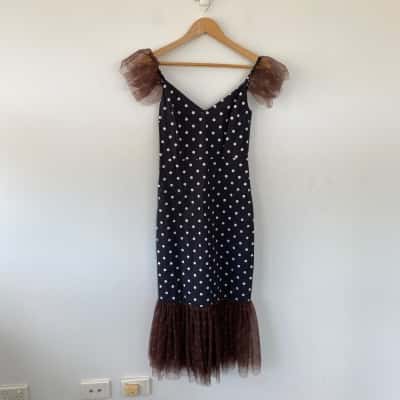 Staud Black Polka Dot Strappy Tulle Trim Midi Dress Size 2 