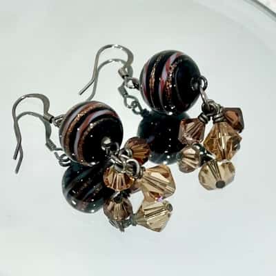 Glass Bead Bronze Detail Beaded Earrings