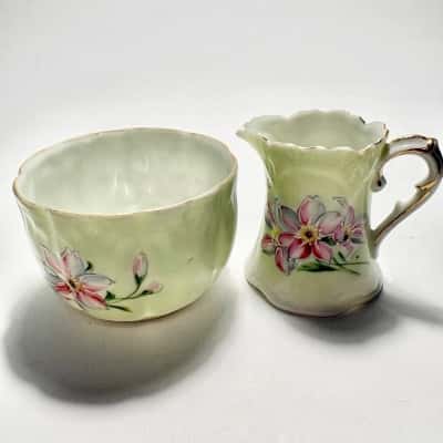 Beautiful Unmarked Creamer & Sugar Bowl with Hand-painted Orchids 