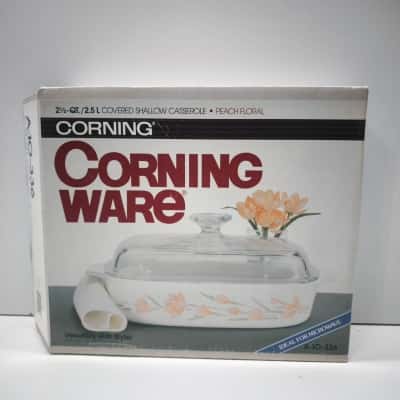 Vintage Corning Ware Peach Floral 2.5Qt Shallow Casserole A-10-336 New in Box