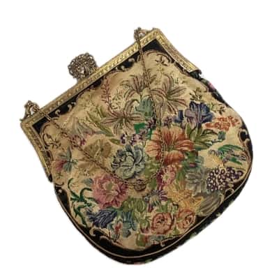  Womens Vintage Austrian Tapestry Purse Black  / Floral / Multicoloured 